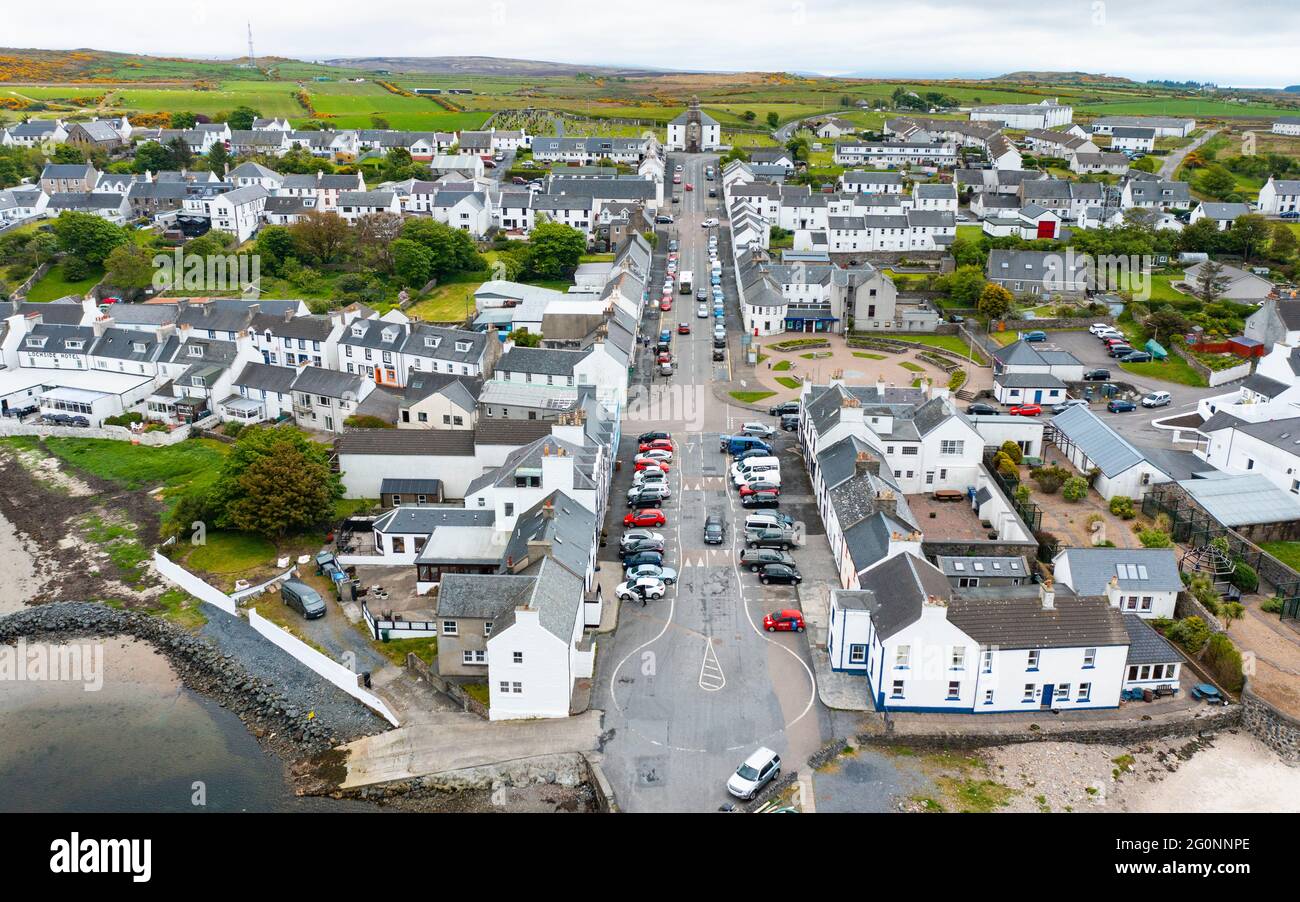 Aerial view of whitewashed houses along Main Street in Bowmore, Islay