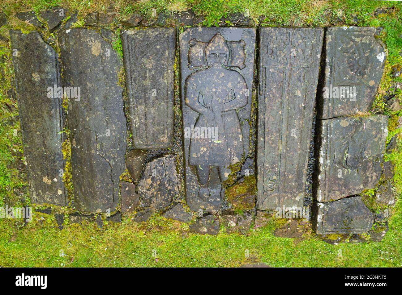 Old gravestones in Kildalton Parish church on Islay, Inner Hebrides, Scotland UK Stock Photo