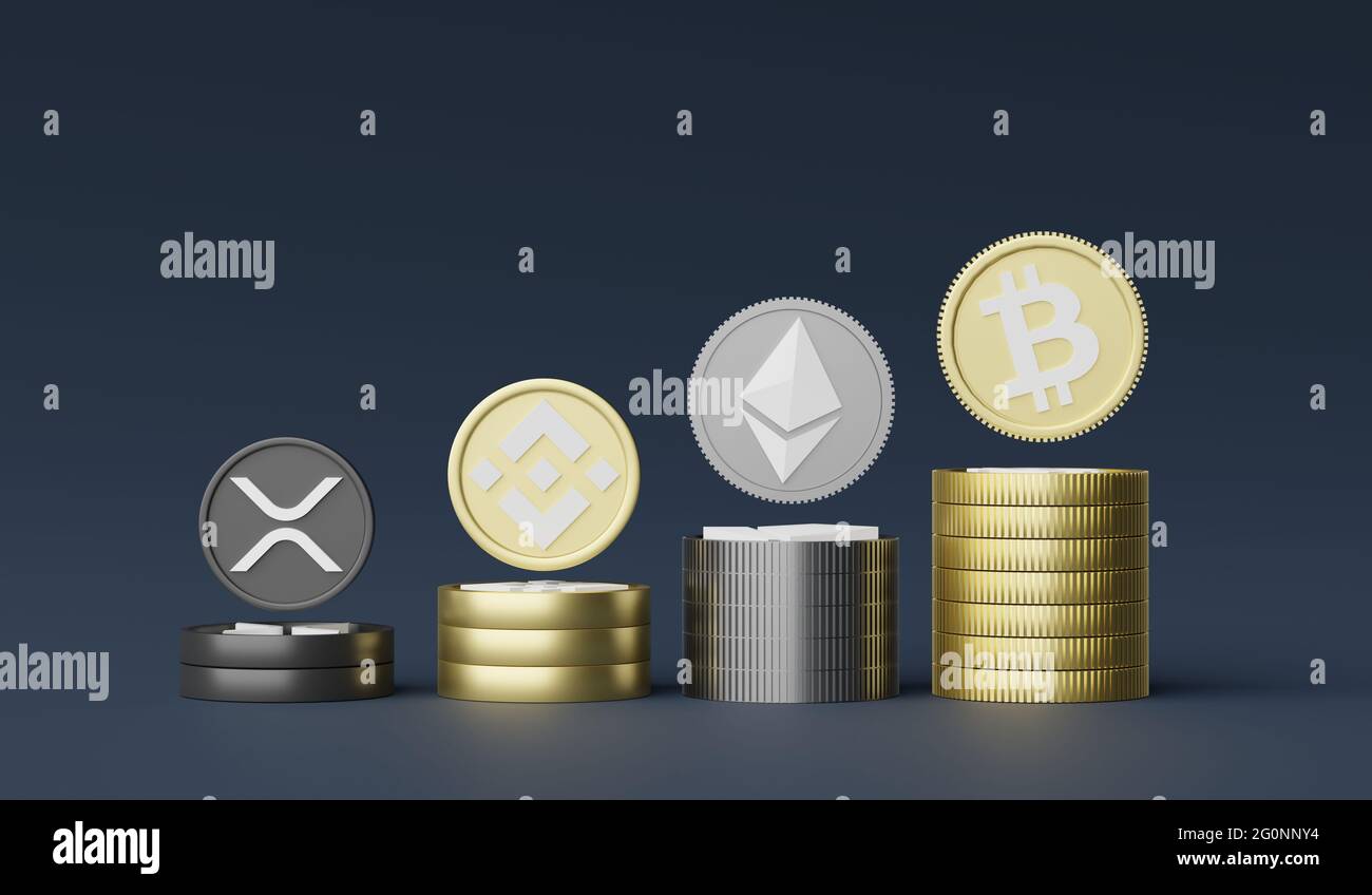 3d render stack of cryptocurrencies Bitcoin, Ethereum, Binance and Ripple  coins. Cryptocurrency digital currency concept. New virtual money exchange  i Stock Photo - Alamy