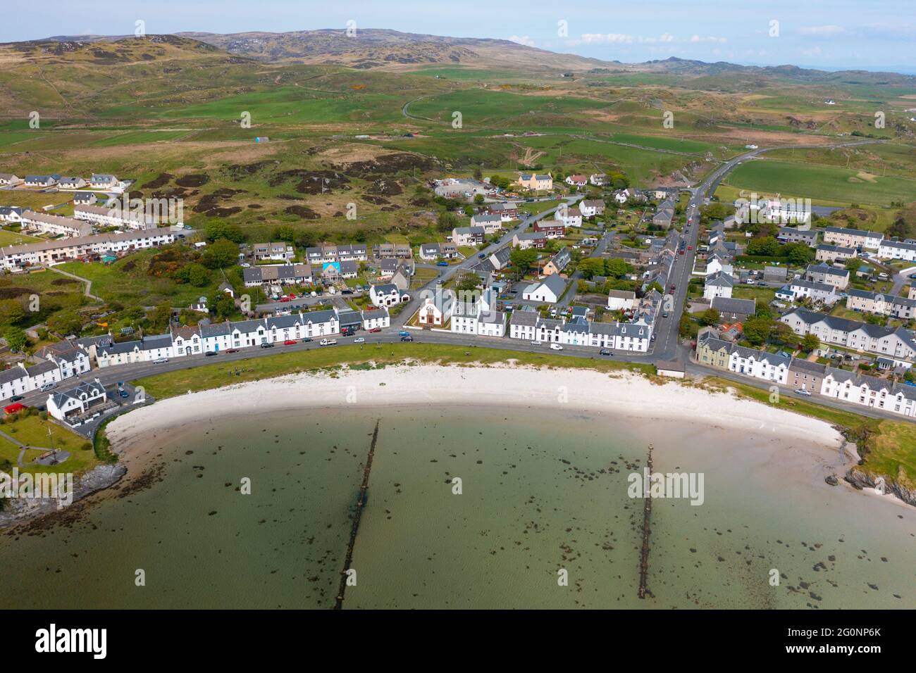 Aerial view of village of Port Ellen on Islay in Inner Hebrides