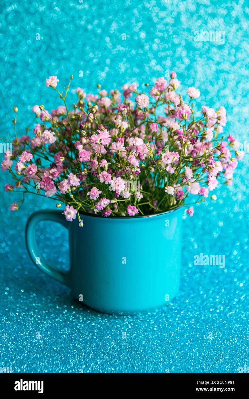 Bouquet of gypsophila in a blue mag on a blue glitter background Stock