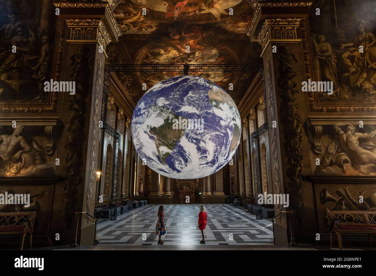 Art installation Gaia in the Painted Hall at the Old Royal Naval College. This monumental sculpture of earth is made using NASA imagery, London, UK Stock Photo