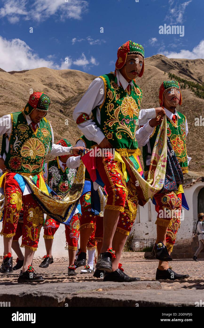 Peruvian folkloric dance, with colorful costumes in front of The Church ...