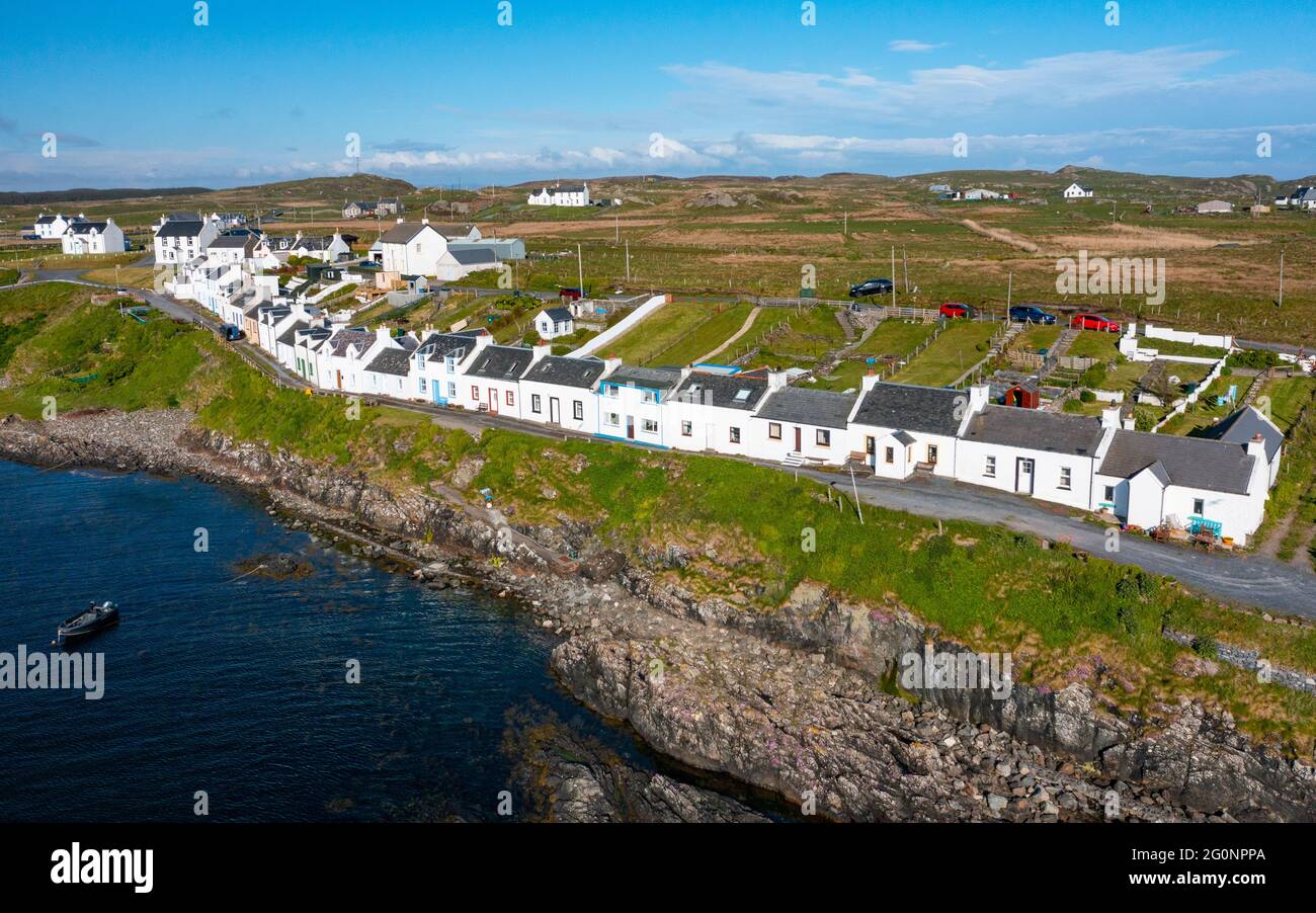 Aerial view of whitewashed houses in village of Portnahaven on Rhinns of Islay on Islay , Inner Hebrides, Scotland UK Stock Photo