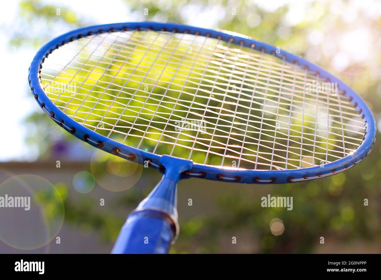 Badminton racket close up against a background of trees Stock Photo Alamy