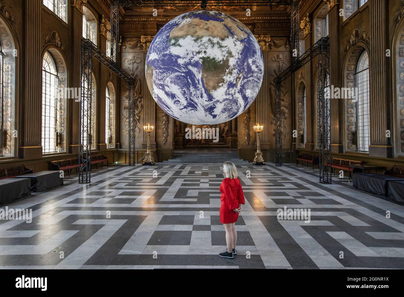 Art installation Gaia in the Painted Hall at the Old Royal Naval College. This monumental sculpture of earth is made using NASA imagery, London, UK Stock Photo