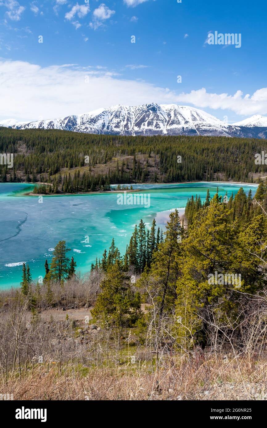 Emerald Lake, partially frozen, with Surprise Mountain in the background in Yukon, Canada Stock Photo