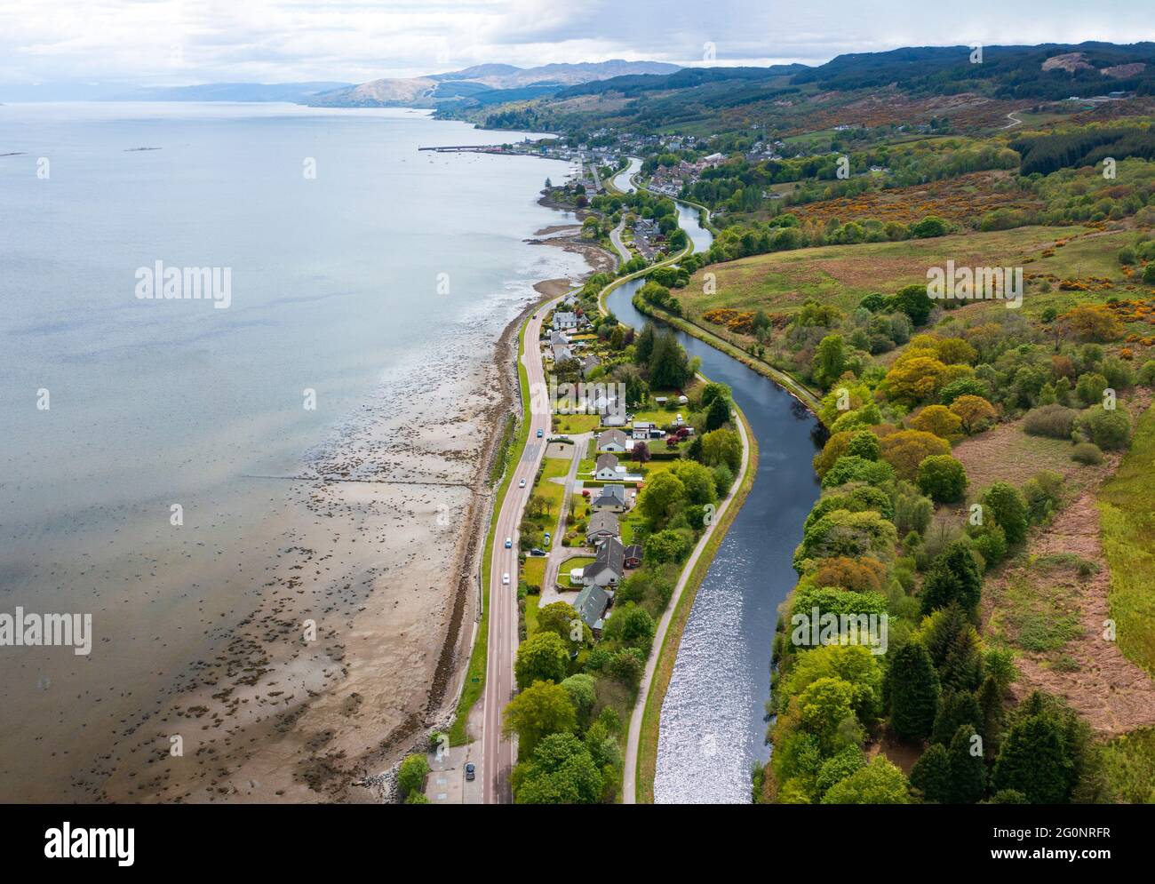 Aerial view from drone of Crinan Canal at Ardrishaig in Argyll & Bute in Scotland , UK Stock Photo