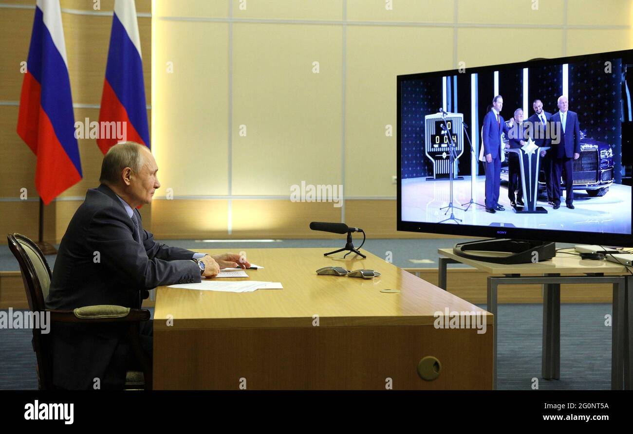 Russian President Vladimir Putin hosts a virtual opening ceremony of the new manufacturing factory for Aurus cars in Tatarstan from the official Bocharov Ruchei residence at Cape Idokopas May 31, 2021 in Sochi, Russia. Stock Photo