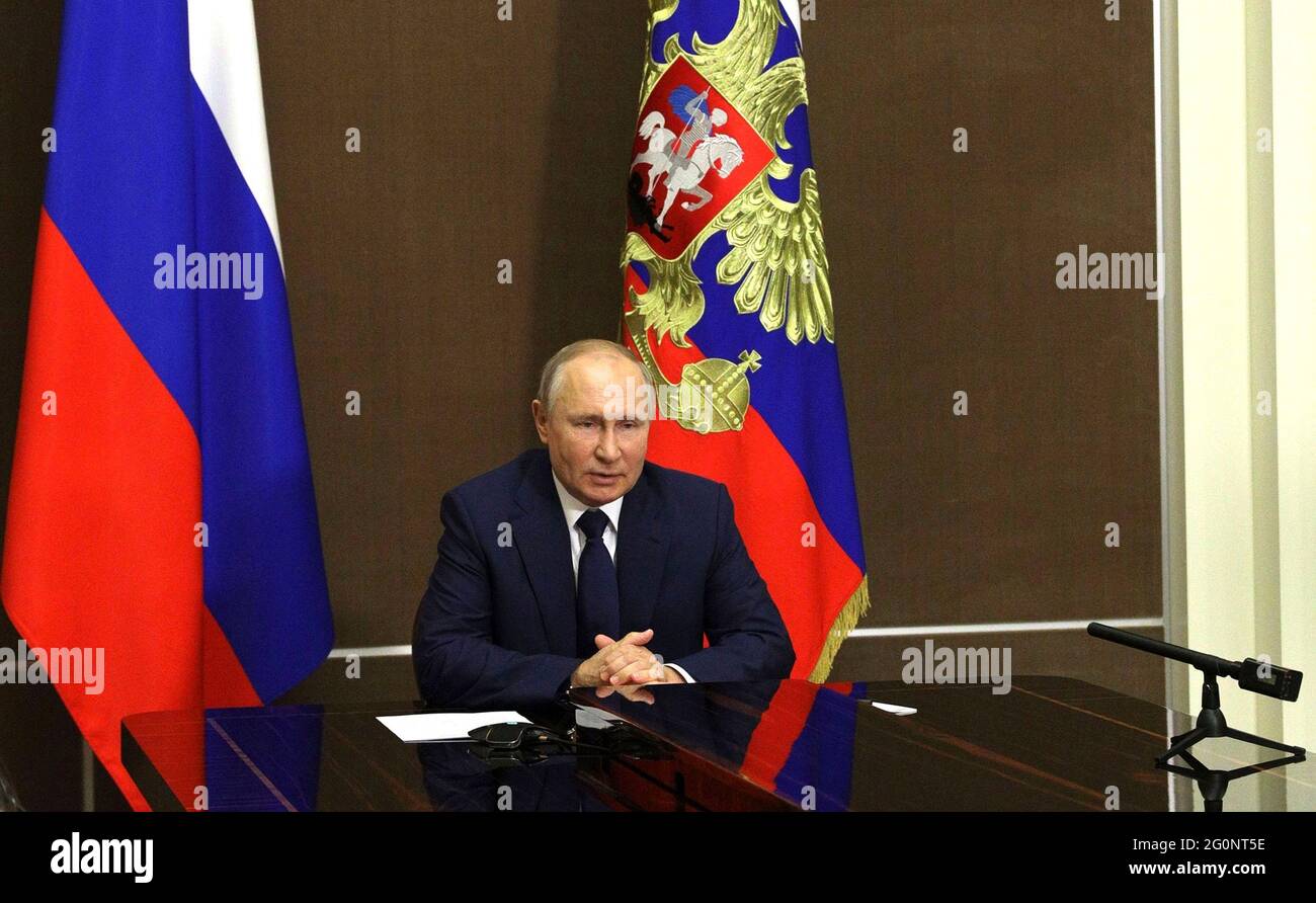 Russian President Vladimir Putin hosts a video conference meeting with the permanent members of the Security Council from the official Bocharov Ruchei residence at Cape Idokopas June 1, 2021 in Sochi, Russia. Stock Photo