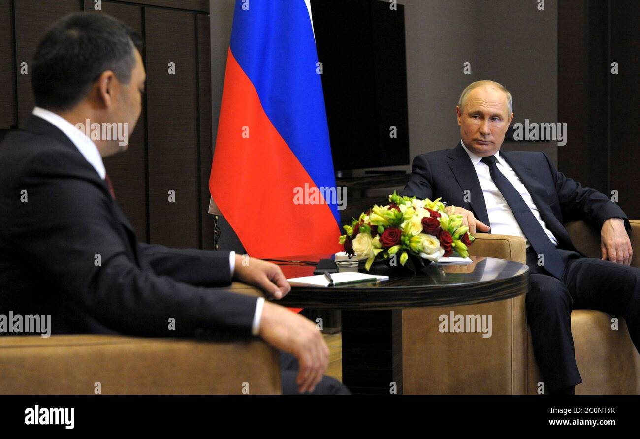 Russian President Vladimir Putin during a bilateral meeting with President of the Kyrgyz Republic Sadyr Japarov, left, at the official residence at Cape Idokopas May 24, 2021 in Sochi, Russia. Stock Photo