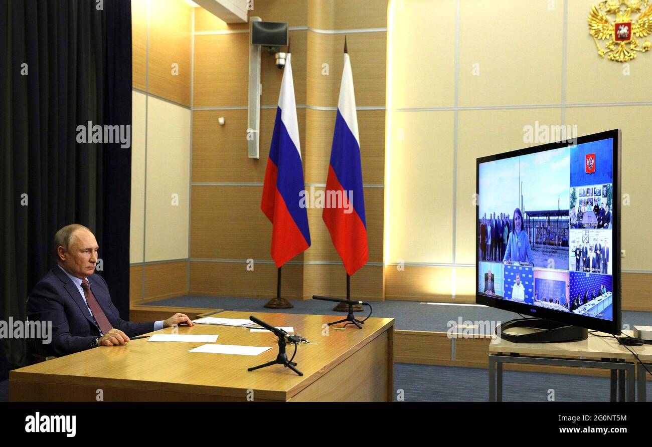 Russian President Vladimir Putin hosts a video conference meeting leaders of his United Russia party from the official Bocharov Ruchei residence at Cape Idokopas June 2, 2021 in Sochi, Russia. Stock Photo