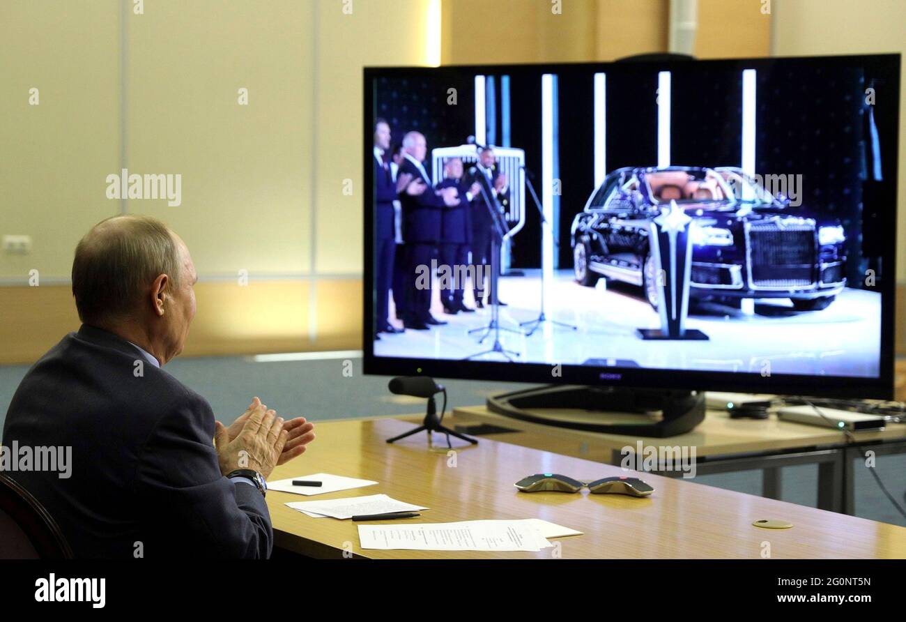 Russian President Vladimir Putin hosts a virtual opening ceremony of the new manufacturing factory for Aurus cars in Tatarstan from the official Bocharov Ruchei residence at Cape Idokopas May 31, 2021 in Sochi, Russia. Stock Photo