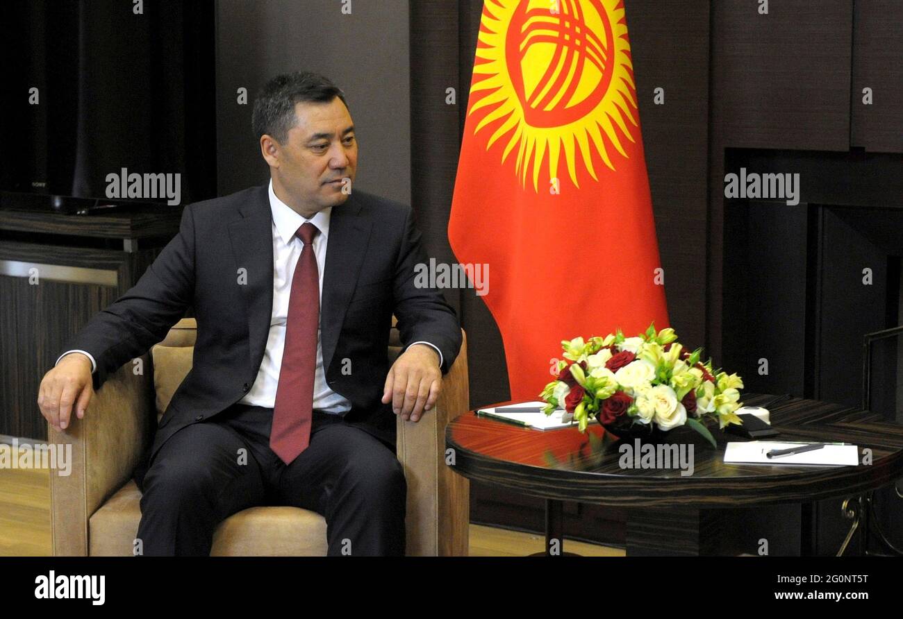 Kyrgyz Republic Sadyr Japarov, during his meeting with Russian President Vladimir Putin at the official residence at Cape Idokopas May 24, 2021 in Sochi, Russia. Stock Photo
