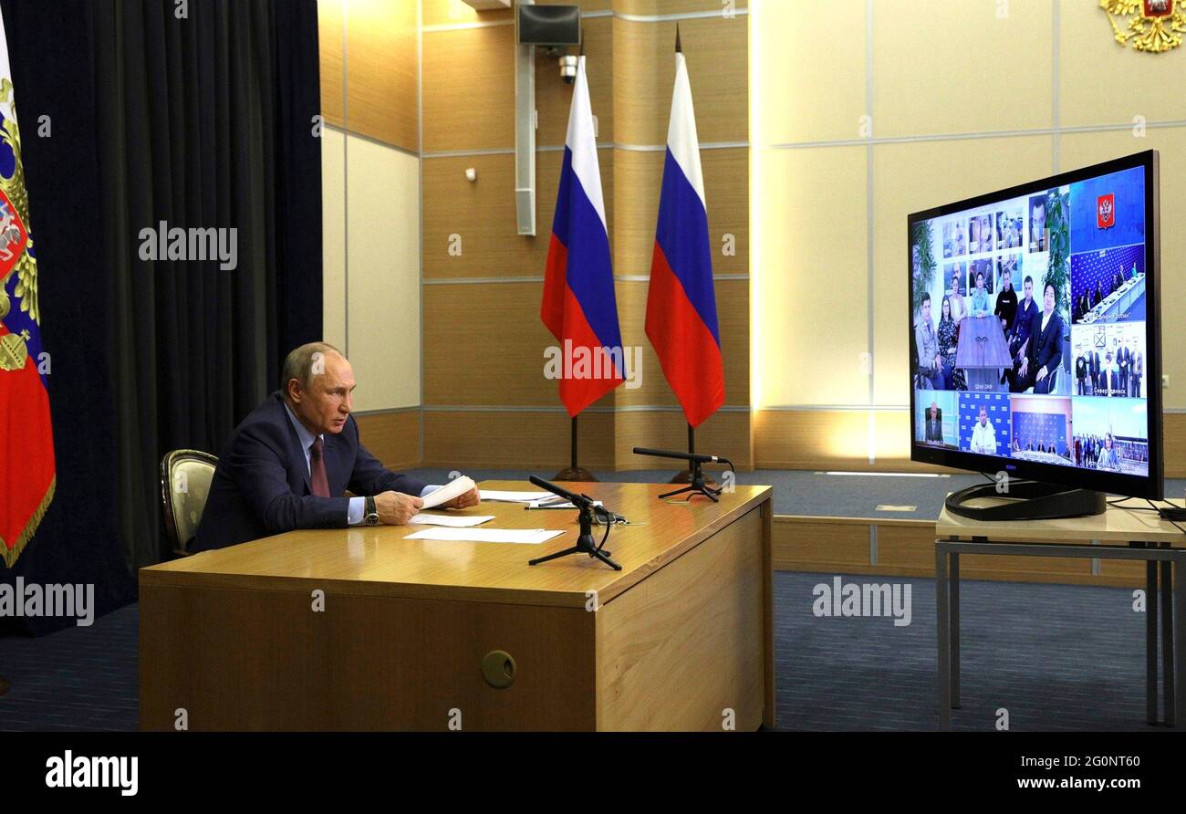 Russian President Vladimir Putin hosts a video conference meeting leaders of his United Russia party from the official Bocharov Ruchei residence at Cape Idokopas June 2, 2021 in Sochi, Russia. Stock Photo