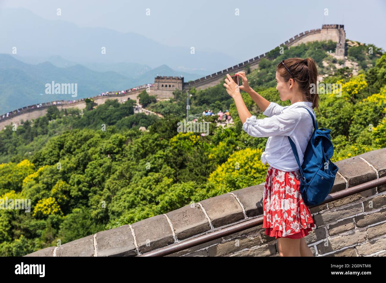 Great Wall of china. Tourist taking photo at famous Badaling during