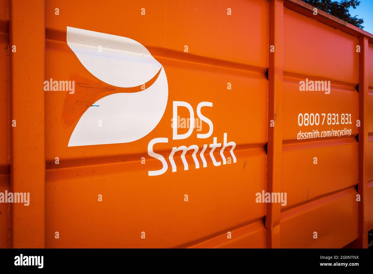 DS Smith Paper and Cardboard packaging recycling skip - DS Smith plc is a British multinational packaging business. Stock Photo