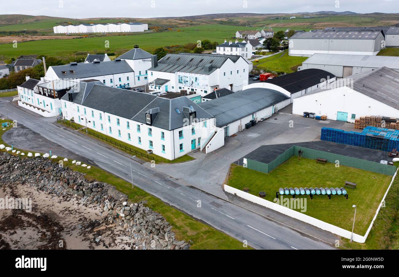Aerial view from drone of Bruichladdich scotch whisky distillery on Islay , Inner Hebrides , Scotland, UK Stock Photo