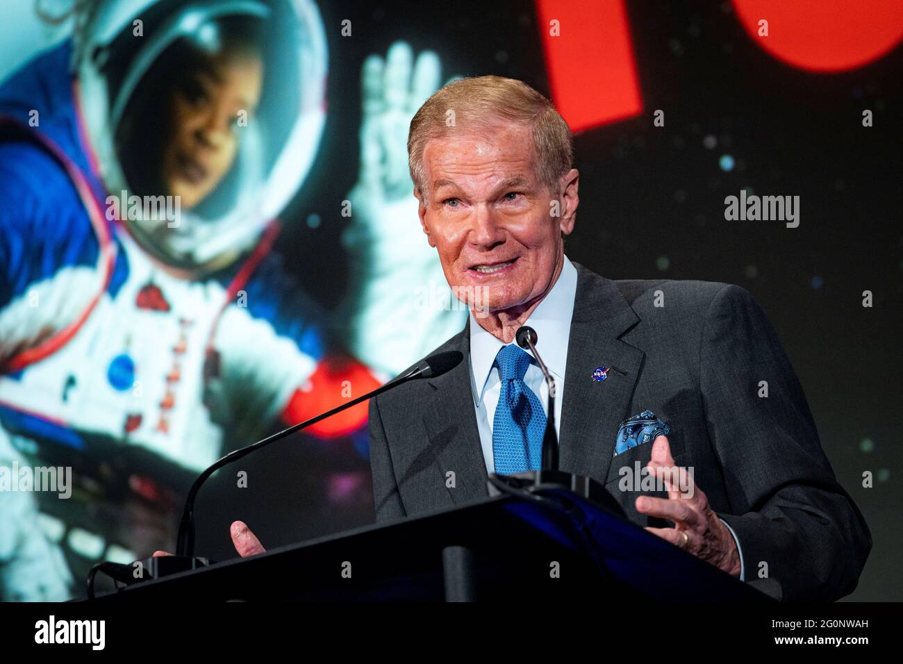 NASA Administrator Bill Nelson speaks during a 'State of NASA' address, as he announces the new DAVINCI+ and VERITAS space missions to study Venus, at NASA headquarters in Washington, U.S., June 2, 2021. REUTERS/Al Drago Stock Photo