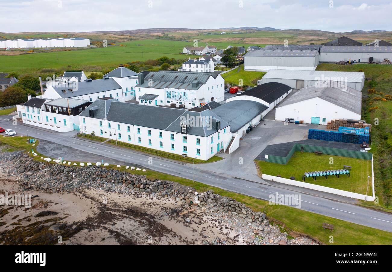 Aerial view from drone of Bruichladdich scotch whisky distillery on Islay , Inner Hebrides , Scotland, UK Stock Photo