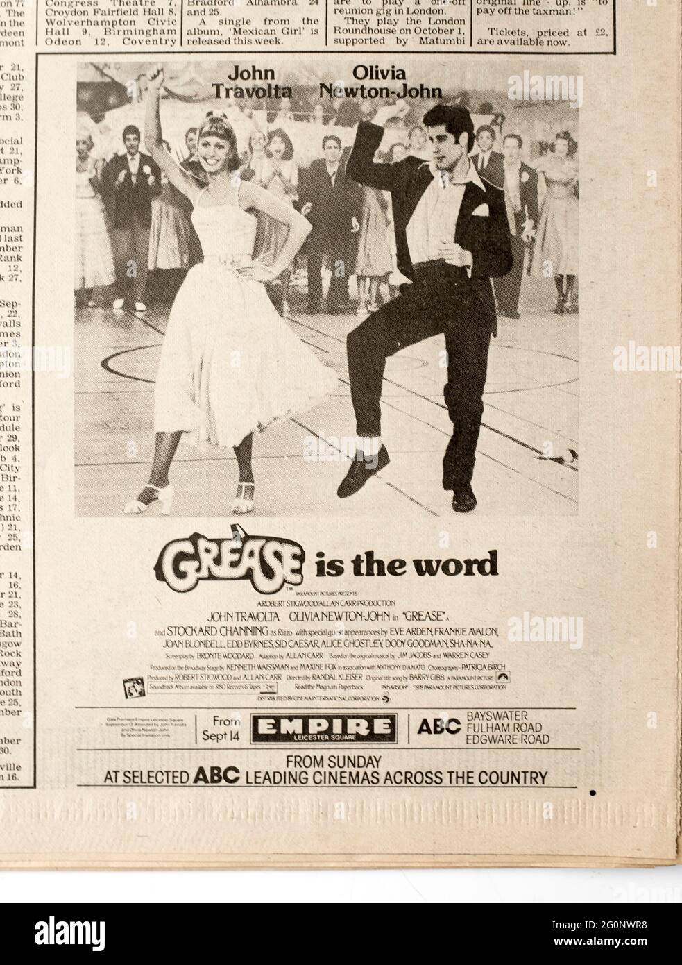 Advert for the movie GREASE in1970s Record Mirror Magazine Stock Photo