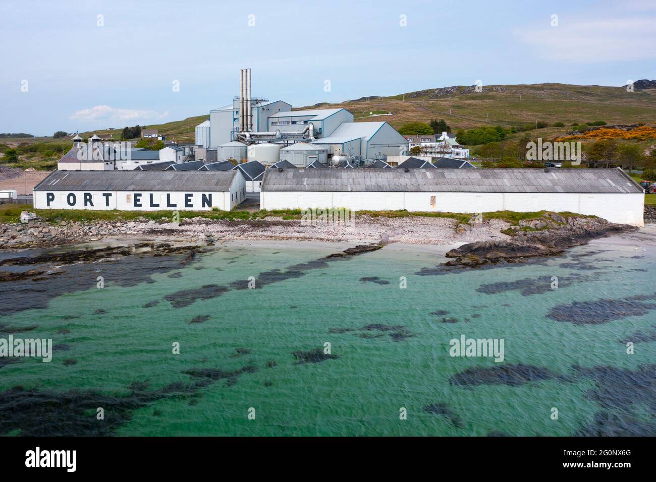 Aerial view from drone of old Port Ellen distillery and Diageo maltings in Port Ellen on Islay , Inner Hebrides , Scotland, UK Stock Photo