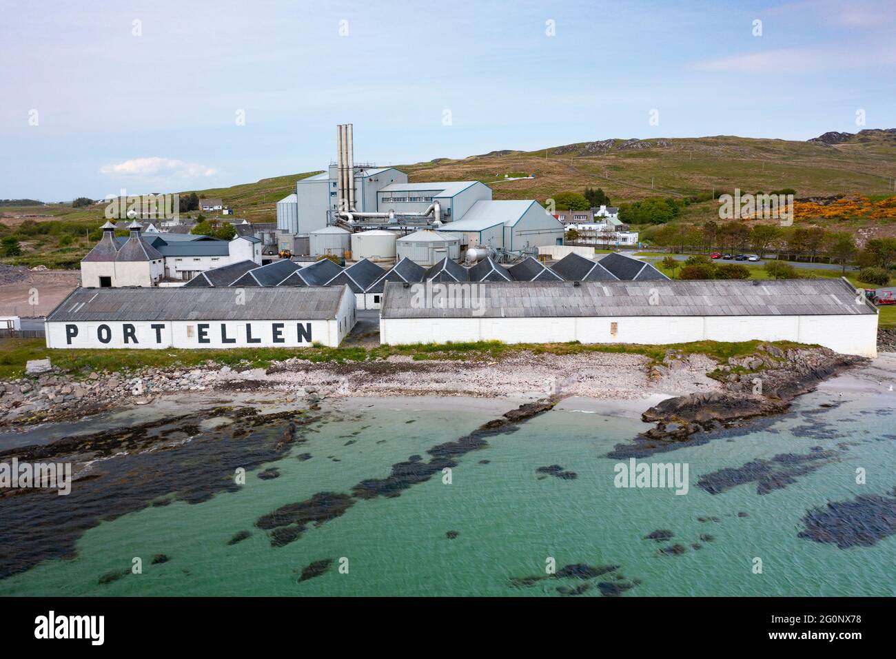 Aerial view from drone of old Port Ellen distillery and Diageo maltings in Port Ellen on Islay , Inner Hebrides , Scotland, UK Stock Photo