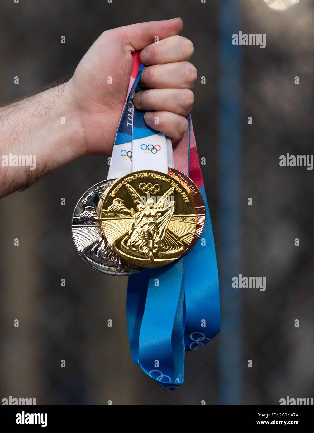 April 17, 2021 Tokyo, Japan. Gold, silver and bronze medals April 17, 2021 Tokyo, Japan. Gold, silver and bronze medals