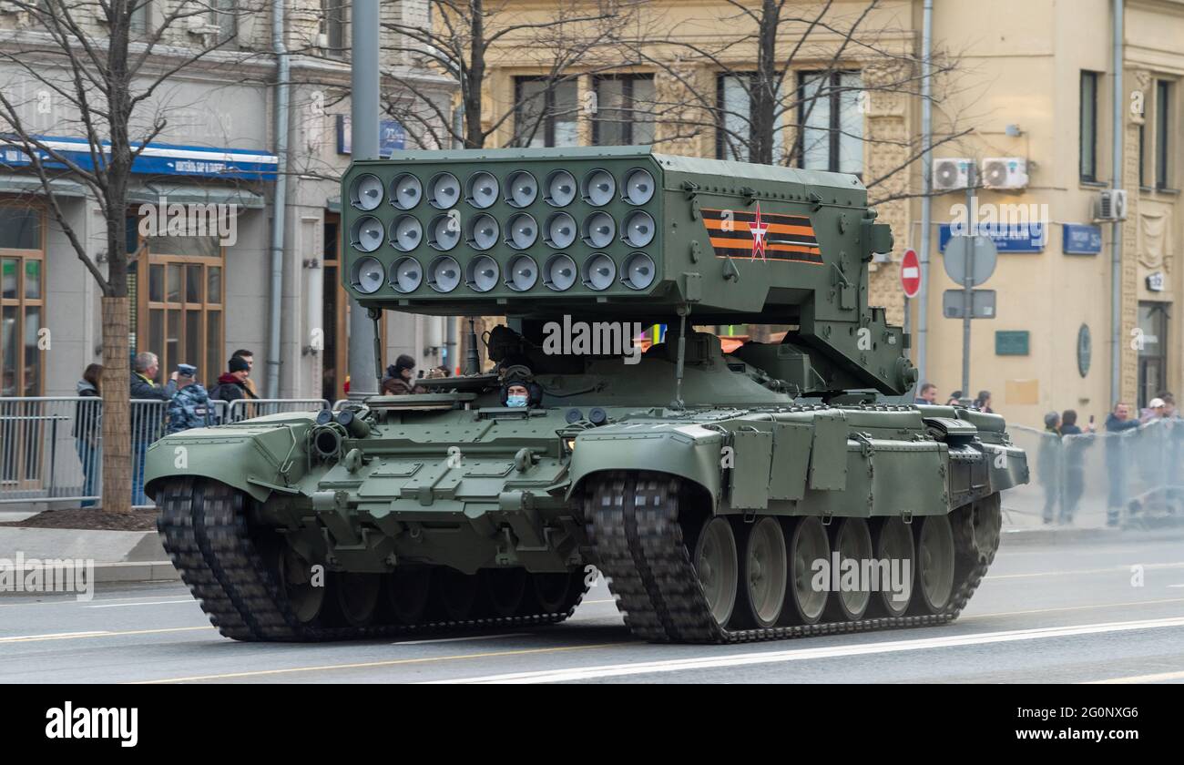April 30 21 Moscow Russia Heavy Flamethrower System Tos 1a Solntsepyok On Tverskaya Street In Moscow Stock Photo Alamy