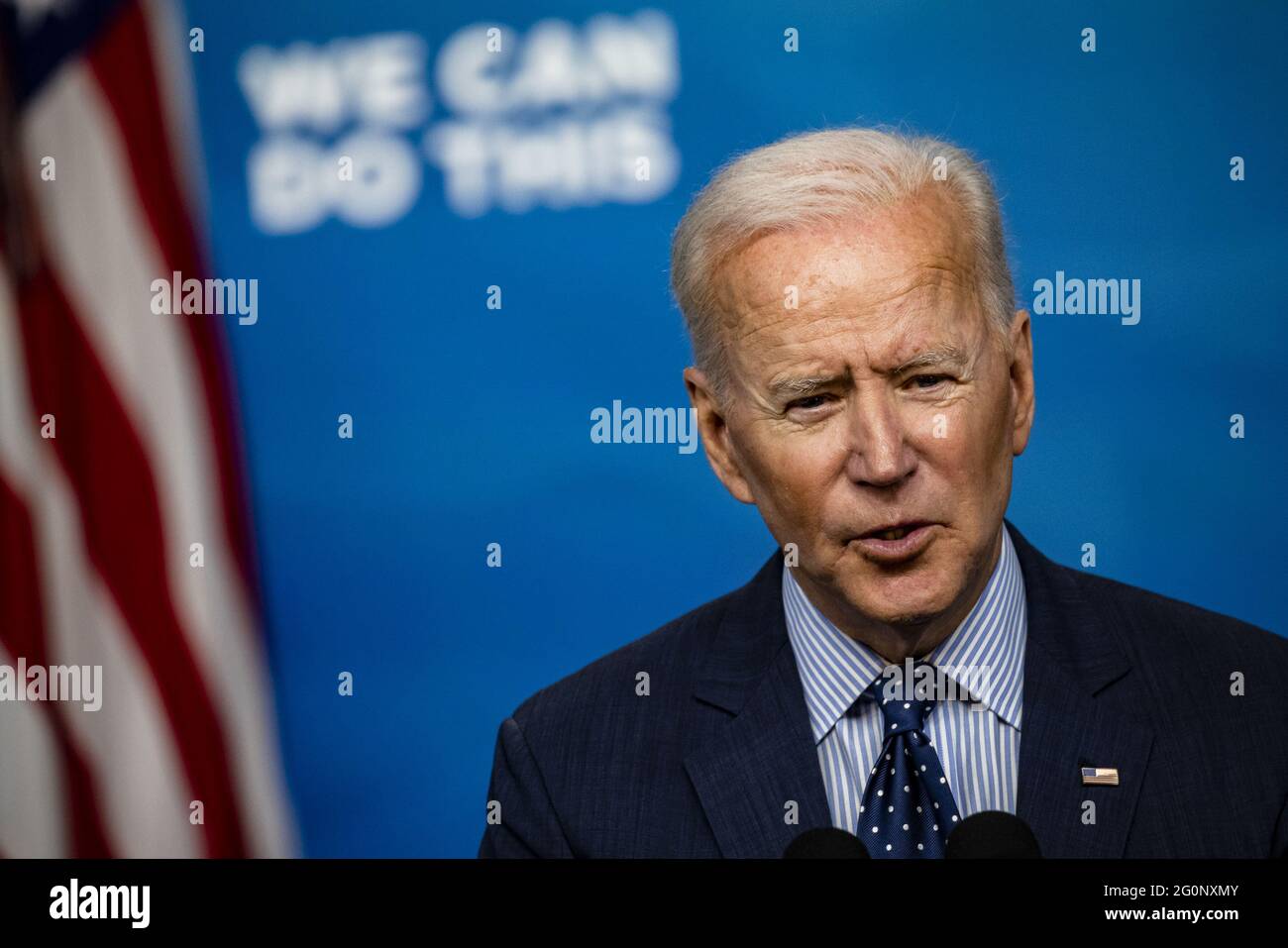 Washington, United States. 02nd June, 2021. U.S. President Joe Biden speaks in the Eisenhower Executive Office Building in Washington, DC on Wednesday, June 2, 2021. Biden announced a plan to work with churches, colleges, businesses and celebrities to boost coronavirus vaccinations in the U.S. where demand for the shots has faltered. Photo by Samuel Corum/UPI Credit: UPI/Alamy Live News Stock Photo