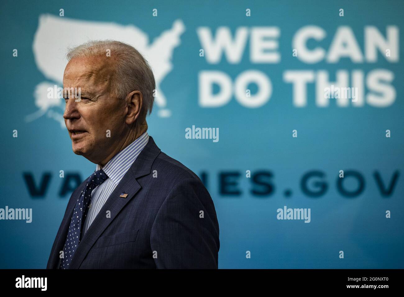 Washington, United States. 02nd June, 2021. U.S. President Joe Biden speaks in the Eisenhower Executive Office Building in Washington, DC on Wednesday, June 2, 2021. Biden announced a plan to work with churches, colleges, businesses and celebrities to boost coronavirus vaccinations in the U.S. where demand for the shots has faltered. Photo by Samuel Corum/UPI Credit: UPI/Alamy Live News Stock Photo