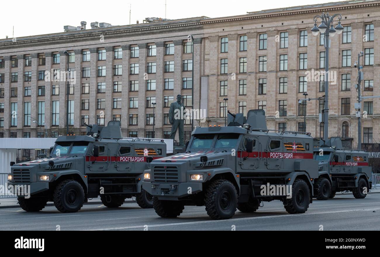April 30, 2021 Moscow, Russia. Armored Car Patrol of the Russian National Guard on Mayakovsky Square in Moscow. Stock Photo