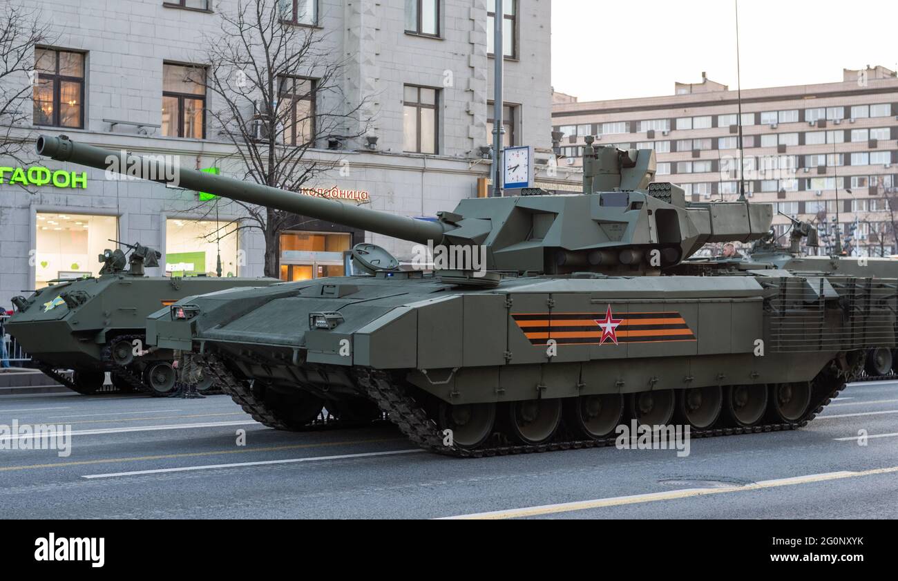 April 30, 2021 Moscow, Russia. Promising Russian T-14 Armata Main Tank on Tverskaya Street in Moscow. Stock Photo