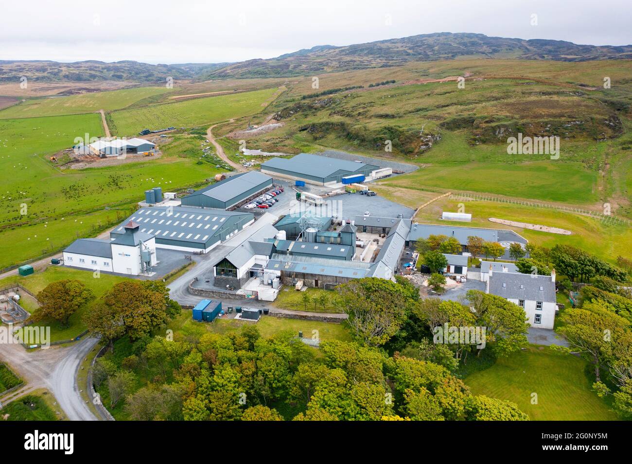 Aerial view from drone of Kilchoman scotch whisky distillery  on Islay , Inner Hebrides , Scotland, UK Stock Photo