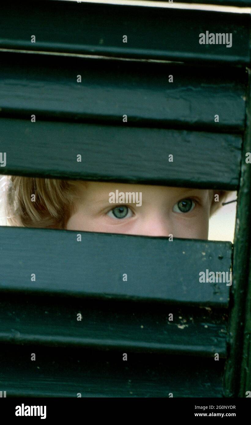 Peaking through the shutters, through a childs eyes. Four year old looks at the world. Stock Photo