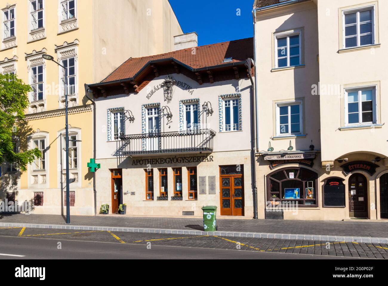 Front of Kiraly Patika (King Chemist Shop), Varkerulet, Sopron, Hungary Stock Photo