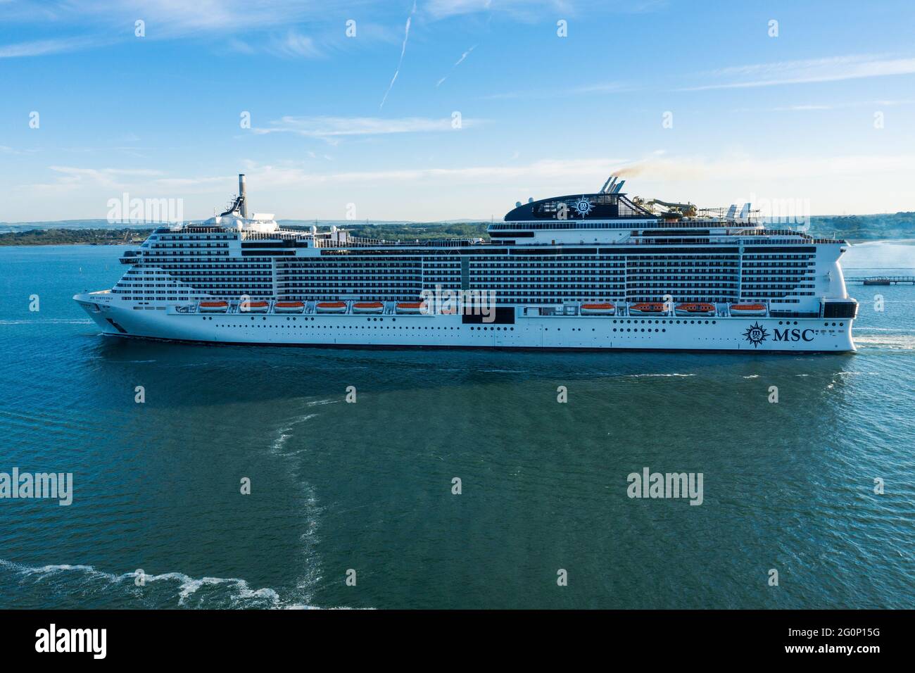 MSC Virtuosa cruise ship leaving Southampton port with passengers. MSC