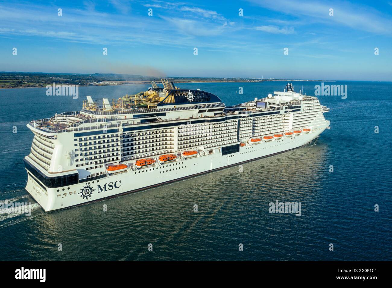MSC Virtuosa cruise ship leaving Southampton port with passengers. MSC
