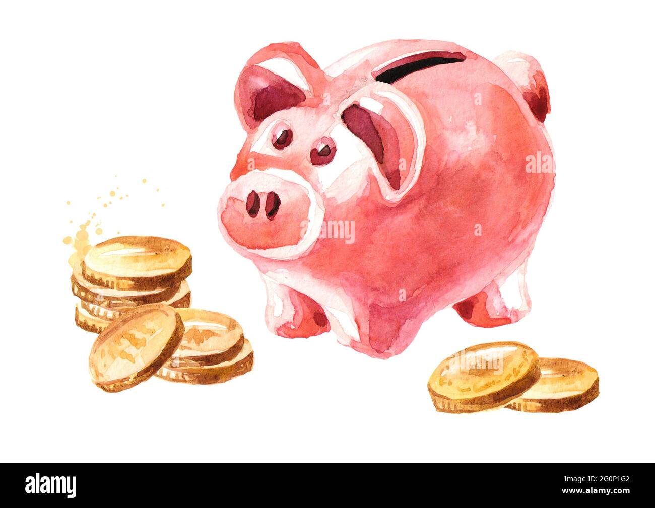 Pink cute pig money box. Piggy bank with coins. Watercolor hand drawn  illustration, isolated on white background Stock Photo - Alamy