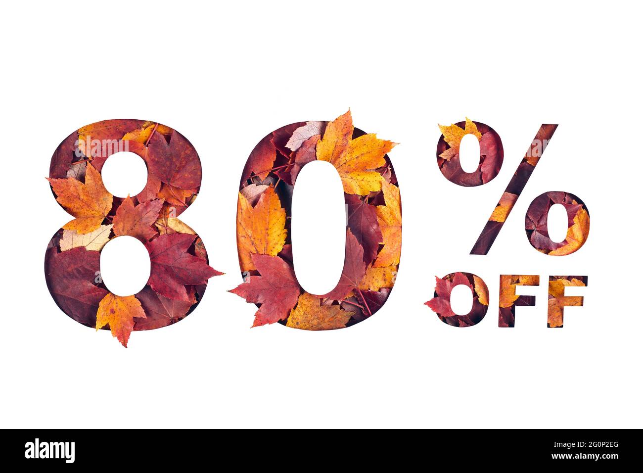 text 80 percent off filled with texture of red fall maple leaves Stock Photo