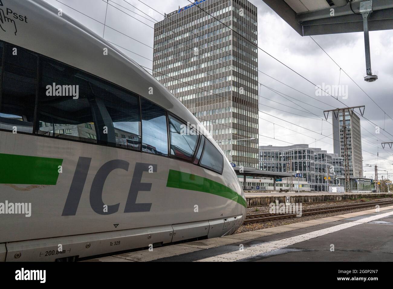 Essen central station, ICE train on platform 2, Postbank building, skyline, NRW, Germany, Stock Photo