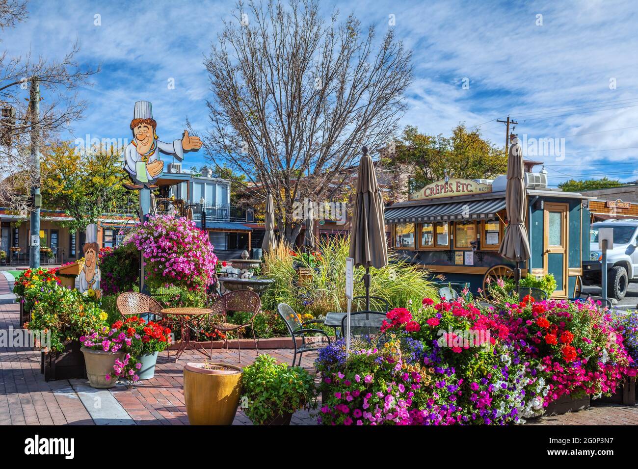 Colorful, outdoor sidewalk cafe on Main Avenue,  Durango, Colorado, USA. Stock Photo
