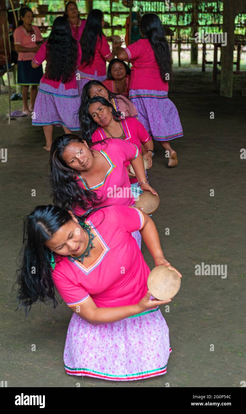 Amazon rainforest indigenous Kichwa women performing a dance with