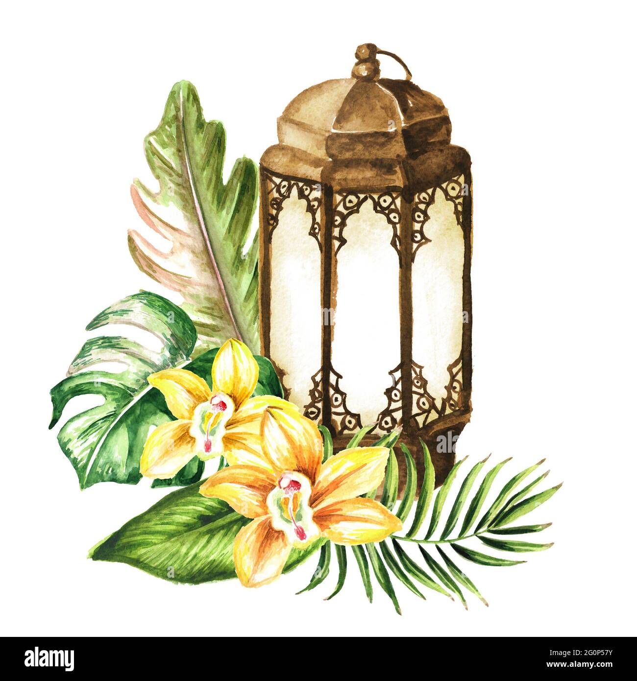 Old Lantern with exotic tropical or jungle Leaves and flowers. Watercolor  hand drawn illustration isolated on white background Stock Photo - Alamy