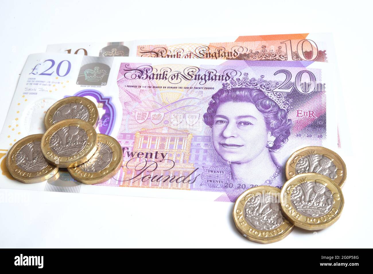 Bank of England notes and pound coins 2021 Stock Photo