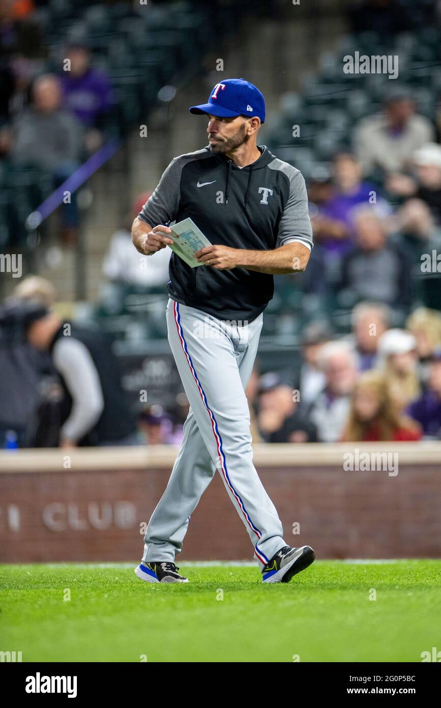 Texas Rangers manager Chris Woodward during an MLB regular season game against the Colorado Rockies, Tuesday, June 1, 2021, in Denver. (Brandon Sloter Stock Photo