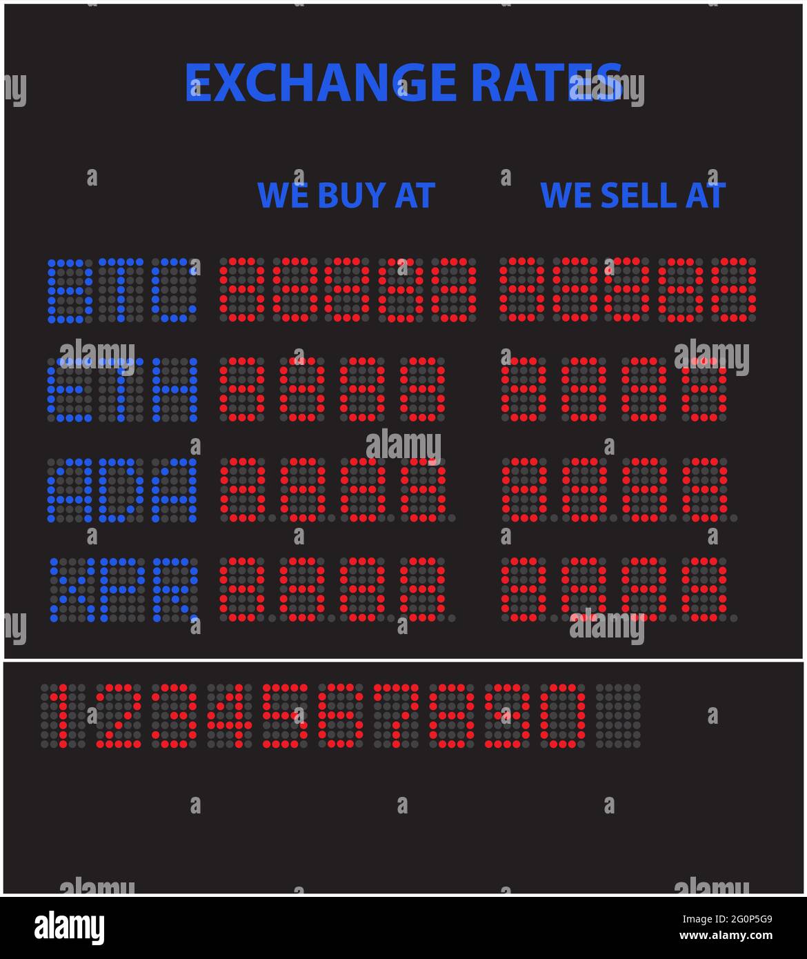 Digital scoreboard with cryptocurrency rates. Bitcoin, Ethereum, Cordana and Ripple cryptocurrency exchange board with cryptocurrency signs with light Stock Vector