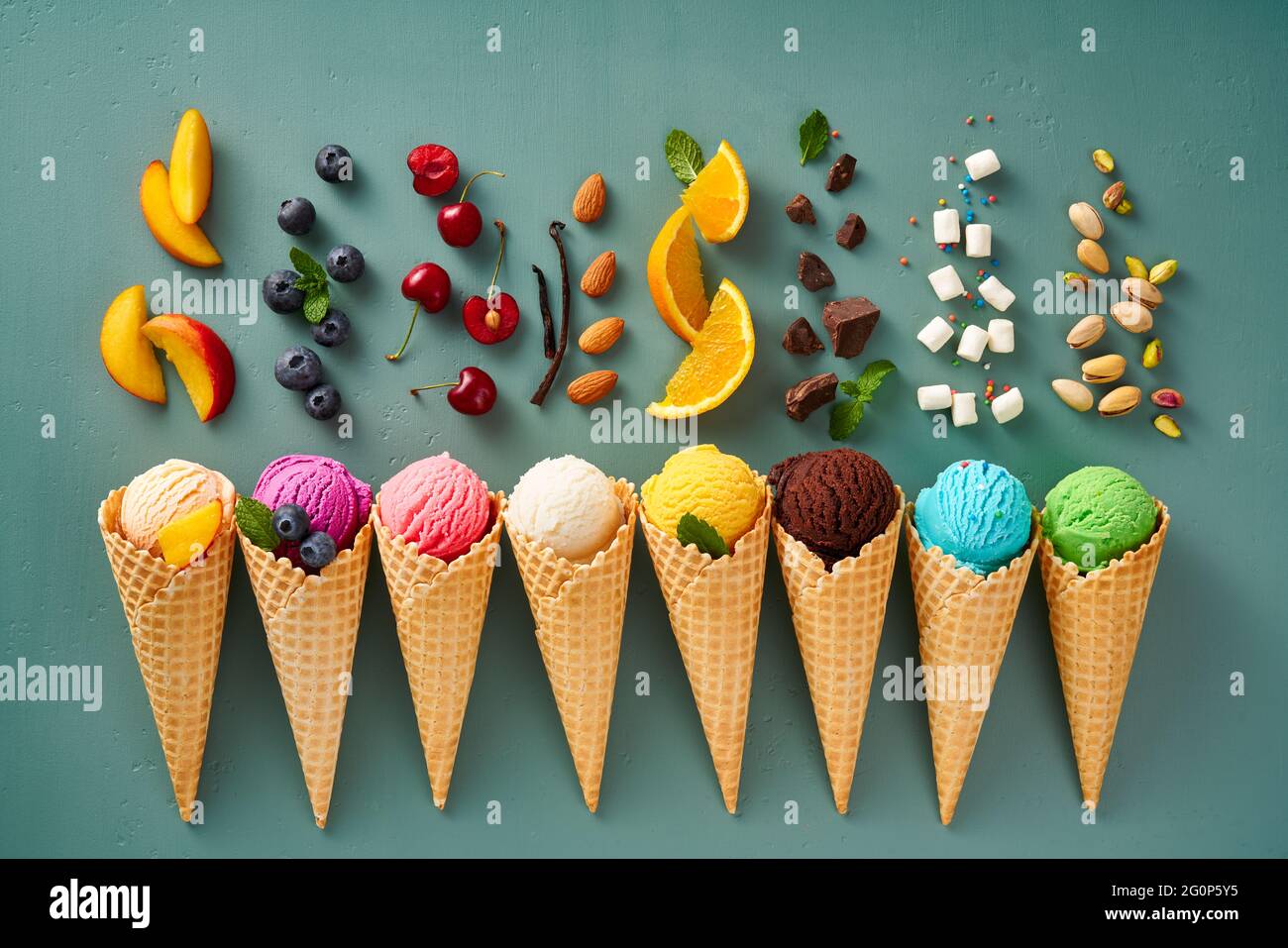 Ice Cream In A Series Of Cones With Different Flavors Background