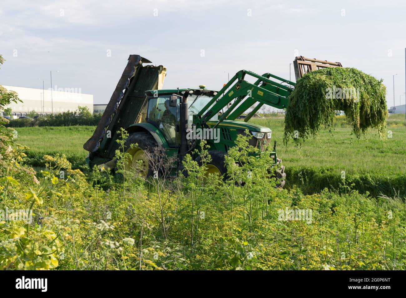JOHN DEERE Tractor, cutting grasses and weed in farm field, countryside