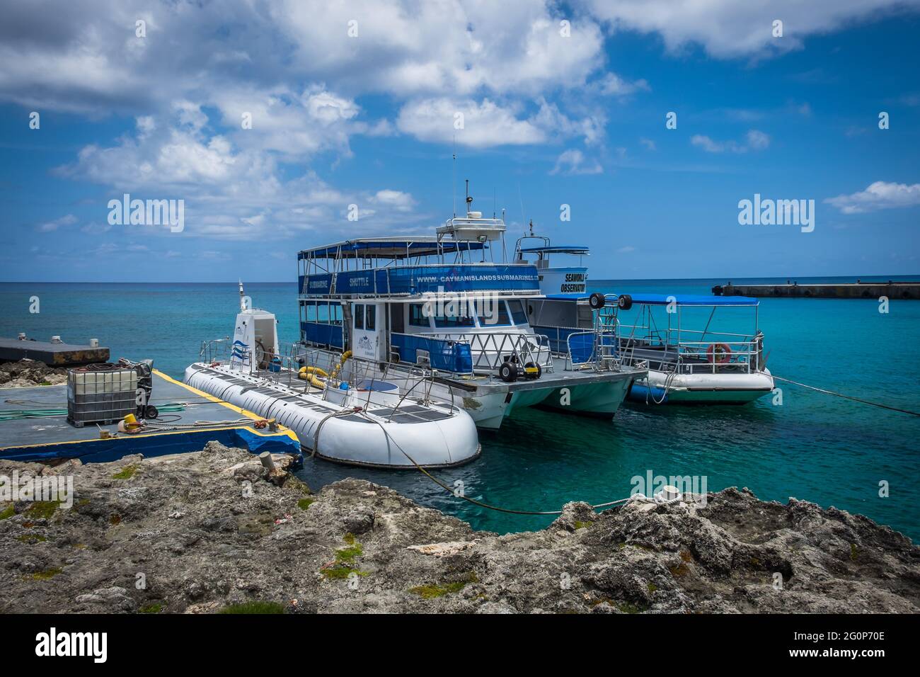Grand Cayman, Cayman Islands, July 2020, view of the Atlantis Fleet in George Town a tour company organizing submarine excursion in the Caribbean Sea Stock Photo